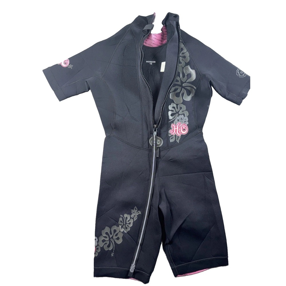 Wetsuit Womens 12 HO Sports Black Hibiscus Floral Shorty Front Zip Spring Suit